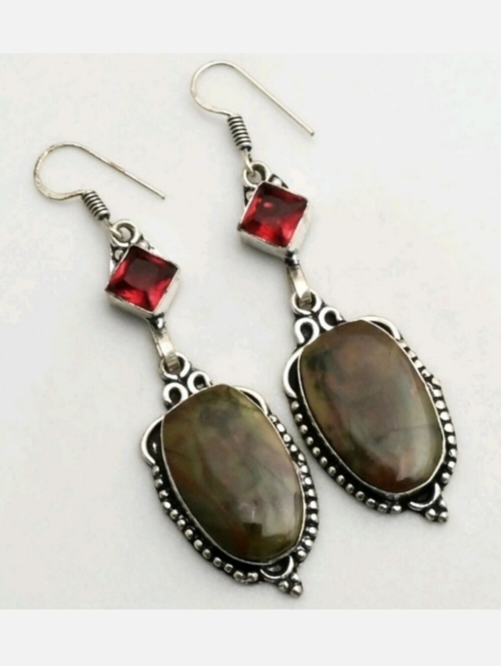 Rainforest Jasper (Rhyolite), Garnet Gemstone 925 Sterling Silver Earrings